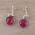 Ruby dangle earrings, 'Sparkle and Fire' - Faceted Ruby and Sterling Silver Dangle Earrings from India