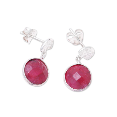 Ruby dangle earrings, 'Sparkle and Fire' - Faceted Ruby and Sterling Silver Dangle Earrings from India