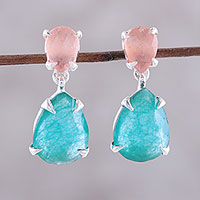 Quartz dangle earrings, 'Meadow Dawn' - Peach and Blue Quartz Sterling Silver Dangle Earrings