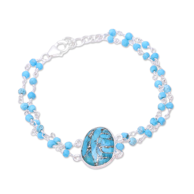 Sterling silver pendant bracelet, 'Fascinating Egg' - Composite Turquoise Link Pendant Bracelet from India