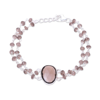 Smoky quartz pendant bracelet, 'Fascinating Egg' - Smoky Quartz Link Pendant Bracelet from India