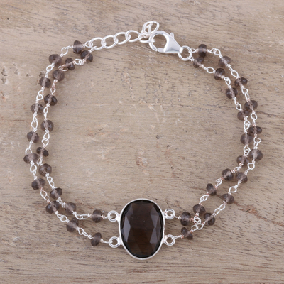 Smoky quartz pendant bracelet, 'Fascinating Egg' - Smoky Quartz Link Pendant Bracelet from India