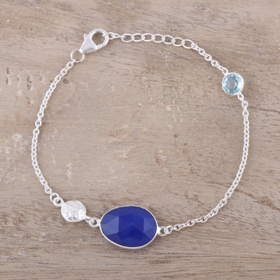 Onyx and blue topaz pendant bracelet, 'Royal Azure' - Onyx and Blue Topaz Pendant Bracelet from India