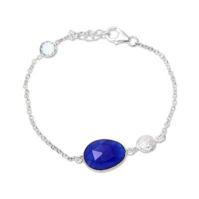 Onyx and blue topaz pendant bracelet, 'Royal Azure' - Onyx and Blue Topaz Pendant Bracelet from India