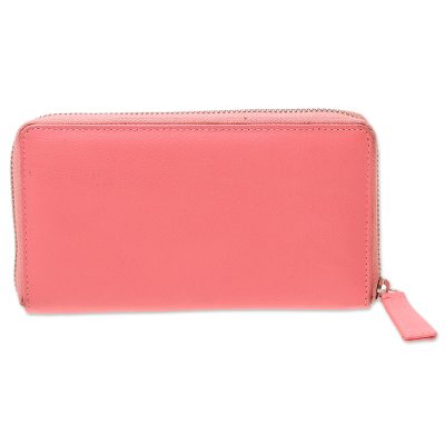 Leather wallet, 'Retro Chic' - Carnation Pink and Aqua Zippered Leather Wallet from India
