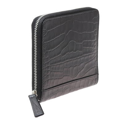 Leather wallet, 'Travel Light in Black' - Black Leather Zippered Wallet with Crocodile Motif