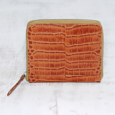 Leather wallet, 'Travel Light in Brown' - Russet Brown Leather Zippered Wallet with Crocodile Motif