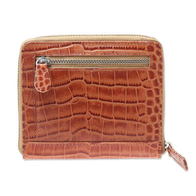Leather wallet, 'Travel Light in Brown' - Russet Brown Leather Zippered Wallet with Crocodile Motif