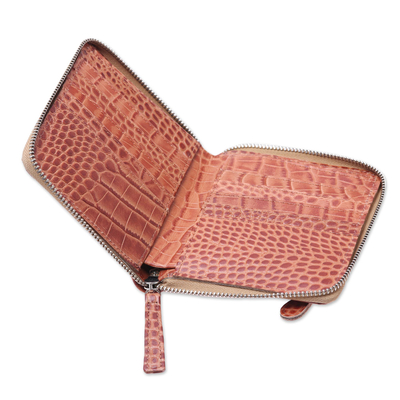 Ledergeldbörse - Portemonnaie aus rostbraunem Leder mit Reißverschluss und Krokodilmotiv