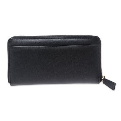Leather wallet, 'Collected in Black' - Handcrafted Black Leather Wallet with Zipper from India