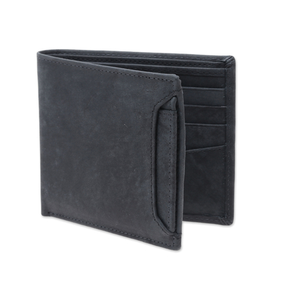 Men's leather wallet, 'Modern Essentials in Black' - Men's Black Leather Bi-Fold Wallet with Removable ID Holder