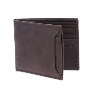 Men's leather wallet, 'Modern Essentials in Brown' - Men's Brown Leather Bi-Fold Wallet with Removable ID Holder