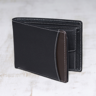 Men's leather wallet, 'City Sophisticate in Black' - Men's Black Pebbled Leather Contrast Stitched Bi-Fold Wallet