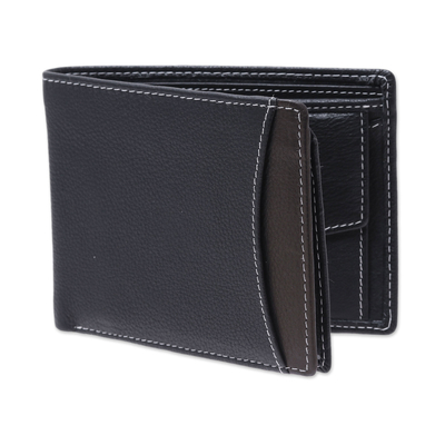 Herren-Geldbörse aus Leder - Herren-Geldbörse aus schwarzem gekrispeltem Leder mit kontrastierenden Nähten