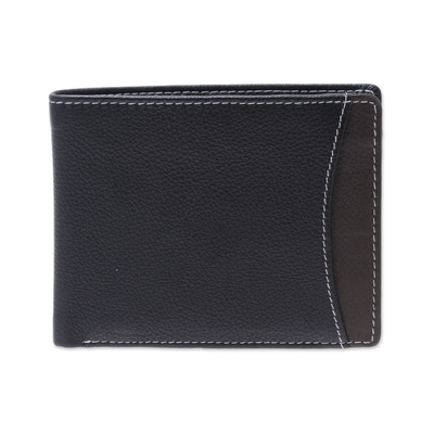 Men's leather wallet, 'City Sophisticate in Black' - Men's Black Pebbled Leather Contrast Stitched Bi-Fold Wallet