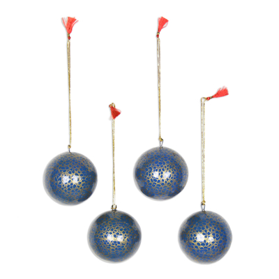Papier mache ornaments, 'Kashmir Cheer' (set of 4) - Papier Mache Ornaments in Blue and Gold (Set of 4)