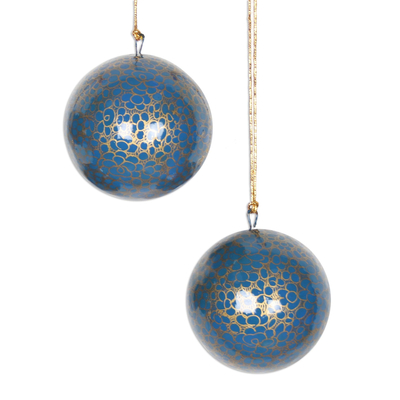 Papier mache ornaments, 'Kashmir Cheer' (set of 4) - Papier Mache Ornaments in Blue and Gold (Set of 4)