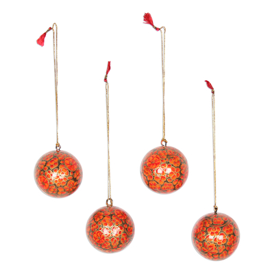 Papier mache ornaments, 'Fiery Blossoms' (set of 4) - Floral Papier Mache Ornaments in Orange (Set of 4)