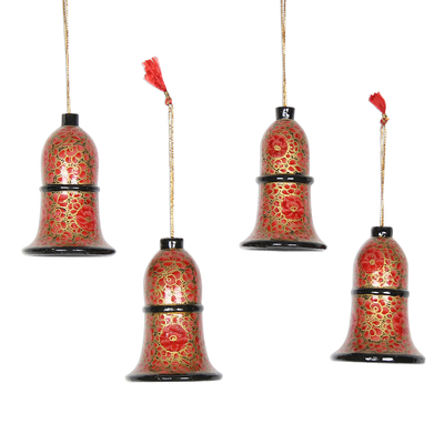 Papier mache ornaments, 'Floral Excitement' (set of 4) - Artisan Crafted Papier Mache Bell Ornaments (Set of 4)