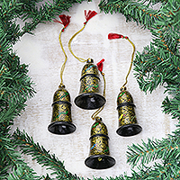 Papier mache ornaments, 'Midnight Song' (set of 4) - Floral Papier Mache Bell Ornaments from India (Set of 4)