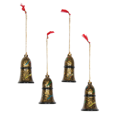 Papier mache ornaments, 'Midnight Song' (set of 4) - Floral Papier Mache Bell Ornaments from India (Set of 4)