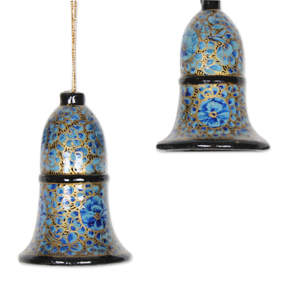 Papier mache ornaments, 'Blue Bloom' (set of 4) - Papier Mache Bell Ornaments in Blue from India (Set of 4)