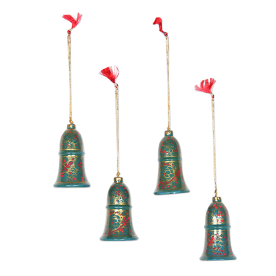 Pappmaché-Ornamente, (4er-Set) - Glockenornamente aus Pappmaché in Grün aus Indien (4er-Set)