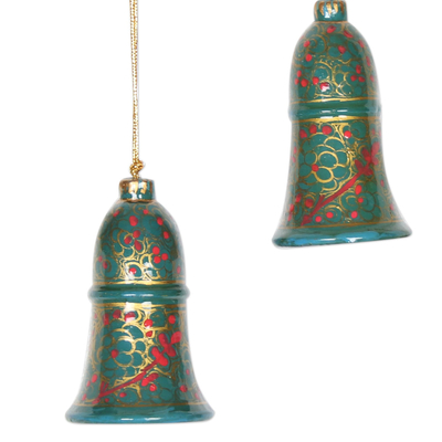 Papier mache ornaments, 'Christmas Carillon in Green' (set of 4) - Papier Mache Bell Ornaments in Green from India (Set of 4)