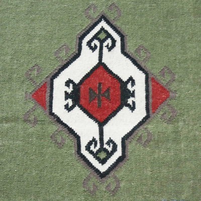 Wollteppich, (5x8) - Purpurroter Wollteppich mit abstraktem Motiv in Avocadogrün und Schwarz (5 x 8)