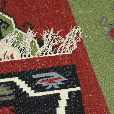 Alfombra de lana, (5x8) - Alfombra de lana con motivos abstractos negro verde aguacate carmesí (5x8)