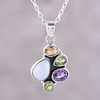 Collar colgante de múltiples piedras preciosas, 'Color Shower' - Collar colgante de múltiples piedras preciosas y plata de ley