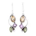 Multi-gemstone dangle earrings, 'Sun with Violets' - Citrine Amethyst Peridot and Sterling Silver Dangle Earrings
