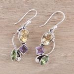 Multi-gemstone dangle earrings, 'Sun with Violets' - Citrine Amethyst Peridot and Sterling Silver Dangle Earrings