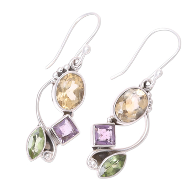 Multi-gemstone dangle earrings, 'Sun with Violets' - Citrine Amethyst Peridot and Sterling Silver Dangle Earrings