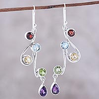 Multi-Gemstone and Scrolling Sterling Silver Dangle Earrings,'Dancing Rainbow'