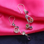 Multi-gemstone dangle earrings, 'Dancing Rainbow' - Multi-Gemstone and Scrolling Sterling Silver Dangle Earrings