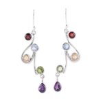 Multi-gemstone dangle earrings, 'Dancing Rainbow' - Multi-Gemstone and Scrolling Sterling Silver Dangle Earrings