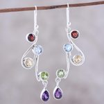 Multi-gemstone dangle earrings, 'Dancing Rainbow' - Multi-Gemstone and Scrolling Sterling Silver Dangle Earrings