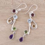 Multi-gemstone dangle earrings, 'Dancing Rainbow' - Multi-Gemstone and Scrolling Sterling Silver Dangle Earrings