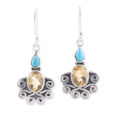 Citrine Oval and Sterling Silver Scrollwork Dangle Earrings