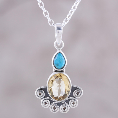 Citrine pendant necklace, 'Sun Salutations' - Citrine Oval and Sterling Silver Scrollwork Pendant Necklace