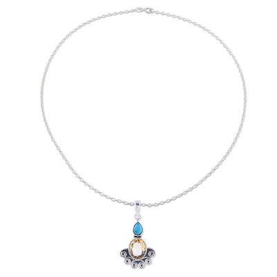 Citrin-Anhänger-Halskette, „Sonnengrüße“ – ovale Citrin- und Sterlingsilber-Schnörkel-Anhänger-Halskette