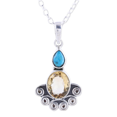 Citrine pendant necklace, 'Sun Salutations' - Citrine Oval and Sterling Silver Scrollwork Pendant Necklace