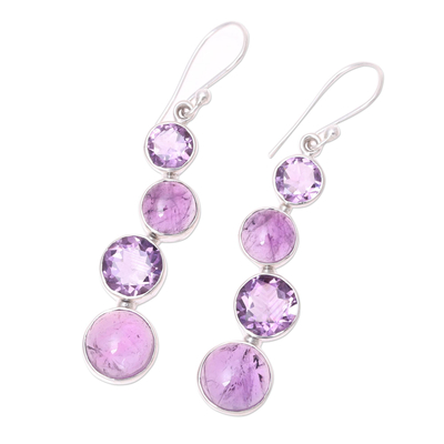 Amethyst dangle earrings, 'Purple Raindrops' - Round Faceted Amethyst and Sterling Silver Dangle Earrings