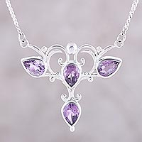 Amethyst pendant necklace, 'Princess Bloom' - Teardrop Faceted Amethyst Sterling Silver Pendant Necklace