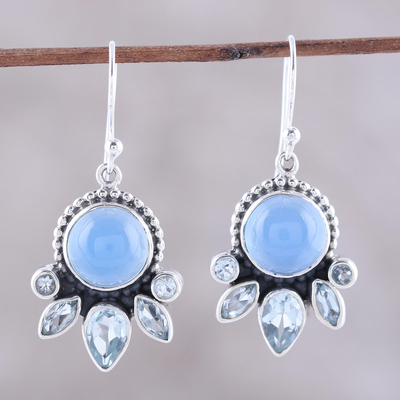 Blue topaz and chalcedony dangle earrings, 'Sky Shimmer' - Chalcedony and Blue Topaz Sterling Silver Dangle Earrings