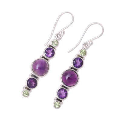 Amethyst and peridot dangle earrings, 'Peaceful Fusion' - Amethyst and Peridot Sterling Silver Dangle Earrings