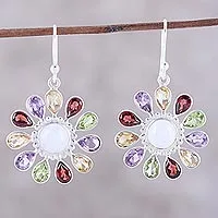 Pendientes colgantes con múltiples piedras preciosas - Aretes colgantes de plata esterlina con gemas y piedra lunar arcoíris