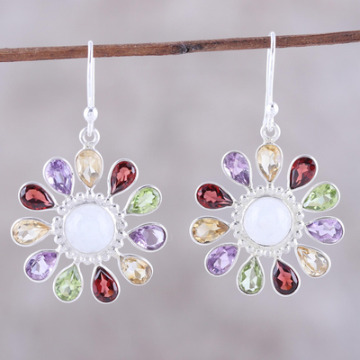 Multi-gemstone dangle earrings, 'Rainbow Rays' - Gems and Rainbow Moonstone Sterling Silver Dangle Earrings