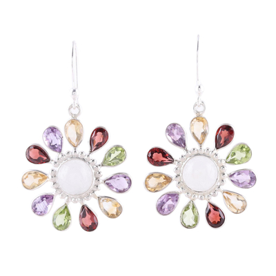 Multi-gemstone dangle earrings, 'Rainbow Rays' - Gems and Rainbow Moonstone Sterling Silver Dangle Earrings